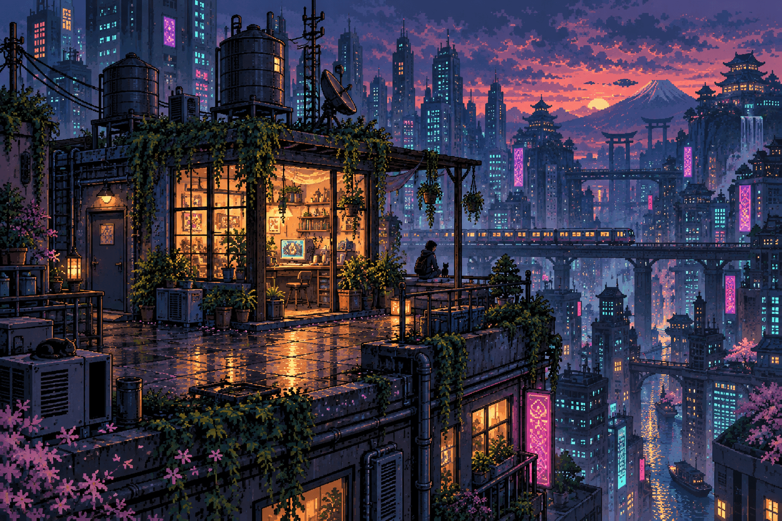 A glowing pixel-art rooftop studio overlooking a sprawling blue-hour city.